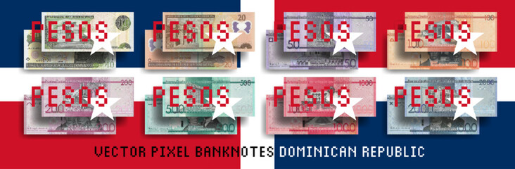 Vector pixel mosaic set of Dominican Republic banknotes. Bills in denominations of 10, 20, 50, 100, 200, 500, 1000 and 2000 pesos. Flyers or play money. - obrazy, fototapety, plakaty