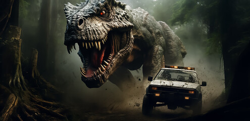 dinosaur T-Rex chased by a jeep car down a road in a middle of the woods