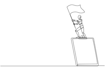 Obraz premium Single one line drawing of robotic artificial intelligence standing on giant clipboard holding fluttering flag. Future technology robot development concept. Continuous line design graphic illustration