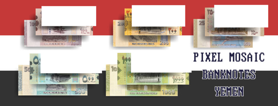 Vector set of mosaic pixel banknotes of Yemen. Collection of bills in denominations of 100, 200, 250, 500 and 1000 rials. Play money or flyers.