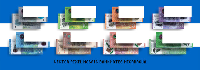 Vector set of pixel mosaic banknotes of Nicaragua. Collection of bills in denominations of 5, 10, 20, 50, 100, 200, 500 and 1000 cordobas. Play money or flyers.