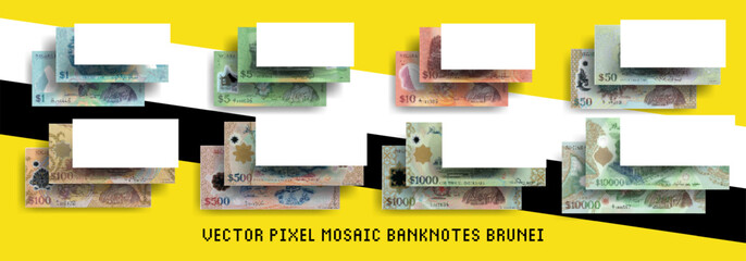 Vector set of pixel mosaic Brunei banknotes. Collection of bills in denominations of 1, 5, 10, 50, 100, 500, 1000 and 10000 ringgit or dollars. Play money or flyers. - obrazy, fototapety, plakaty