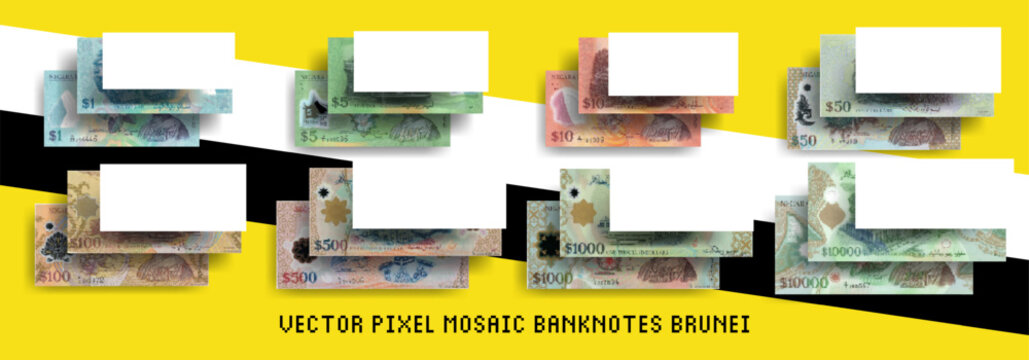 Vector set of pixel mosaic Brunei banknotes. Collection of bills in denominations of 1, 5, 10, 50, 100, 500, 1000 and 10000 ringgit or dollars. Play money or flyers.