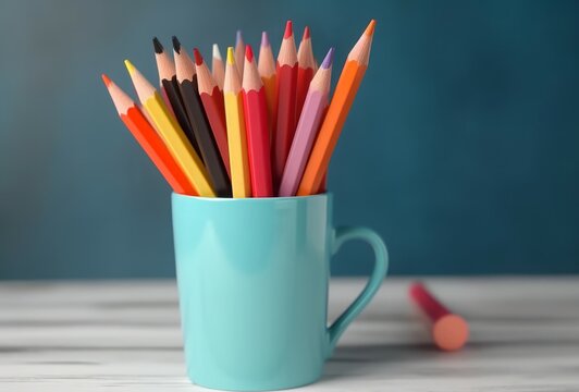 Colorful pencils in blue mug on wooden table. Drawing creativity wooden multicolored tools. Generate ai