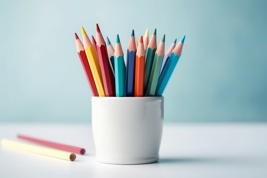 Colorful pencils in white cup table. Painterly wooden tools with different vibrant colors. Generate ai