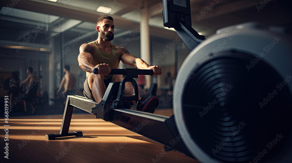 Wall mural person on curved rowing machine in clean gym