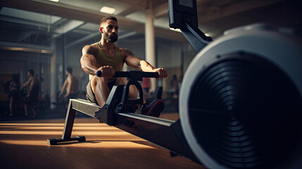 Fototapeta na wymiar Person on curved rowing machine in clean gym