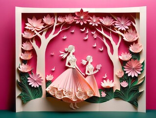 Paper cut out figures on a pink background