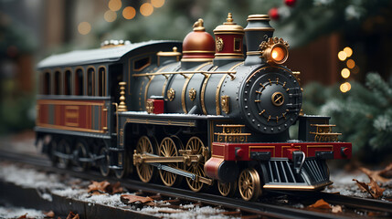 toy vintage steam locomotive on the floor under a decorated Christmas tree on a background of bokeh lights garland. Christmas and New year celebration concept