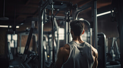 Person using lat pulldown machine engaging back muscles in clean well-maintained gym section