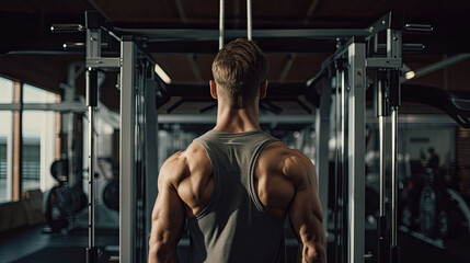 Naklejka premium Lat pulldown machine in use engaging back muscles in clean well-maintained gym section