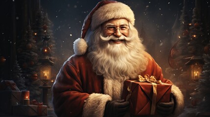 Fototapeta premium Father Frost, festive portrait of Santa Claus. A grandfather with a white beard in a red suit holds gifts. New Year's miracles