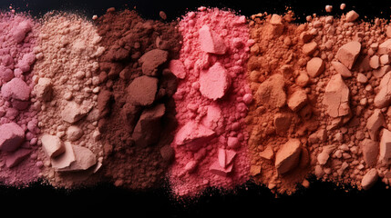 Variety pallet of broken makeup powder and blusher, on black background. Sample cosmetics concept. Generative AI