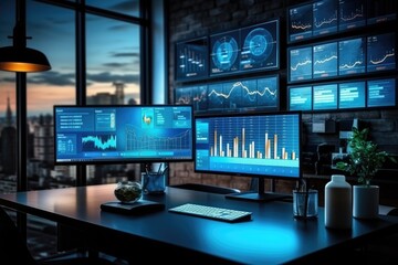 Naklejka premium Economic and Financial graphs with glowing lines and diagram on digital screen. Trading market and economic concept. Generative AI