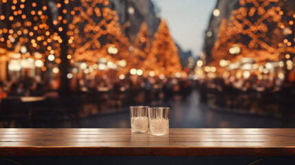 Empty wooden table and blurred background of street cafe with bokeh lights.