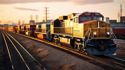 Fototapeta premium Freight Train Departure: Locomotives Pulling Loaded Cars from a Busy Rail Yard
