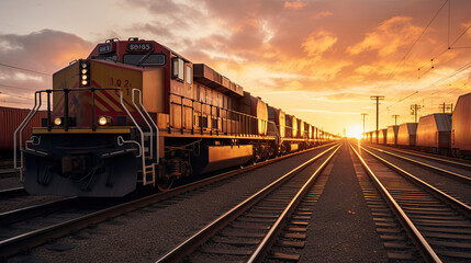 Obraz premium Train Depot at Sunset: Freight Trains Lined Up Ready for Departure