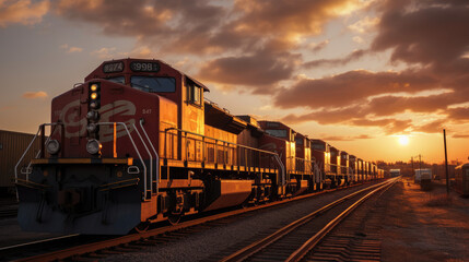 Train Depot at Sunset: Freight Trains Lined Up Ready for Departure