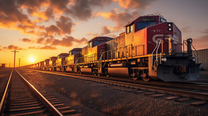 Fototapeta na wymiar Train Depot at Sunset: Freight Trains Lined Up Ready for Departure