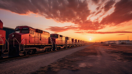 Train Depot at Sunset: Freight Trains Lined Up Ready for Departure - obrazy, fototapety, plakaty