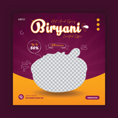 Modern and elegant food social media post design. Spicy biryani food social media post template.