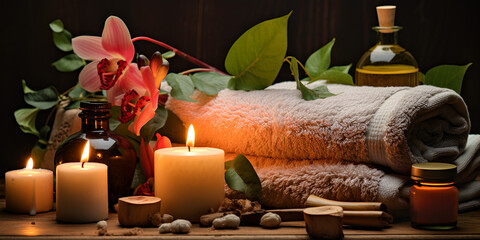 Fototapeta na wymiar Candles and a bottle of oil and towels with a branch of cherry blossoms and small stones on the table Aromatic Bliss Towels, Oil, and Cherry Blossoms Ai Generative 