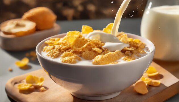 Cereales en copo con leche para desayunar. Producto ecológico sin azúcar