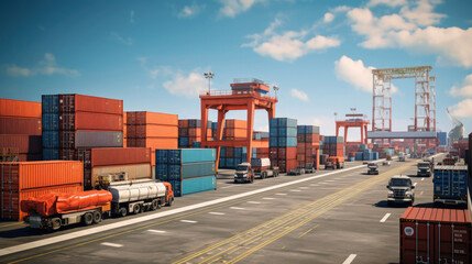 Intermodal Freight Terminal: Containers Transferred between Trucks Trains and Ships