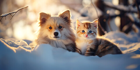 Puppy and kitten lying on the snow outside.
