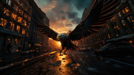 Flight eagle bird over city on background of sunset, fire and sparks on the street - obrazy, fototapety, plakaty
