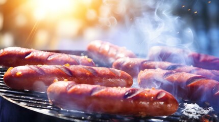 In winter, grilled sausages are fried outdoors. - obrazy, fototapety, plakaty