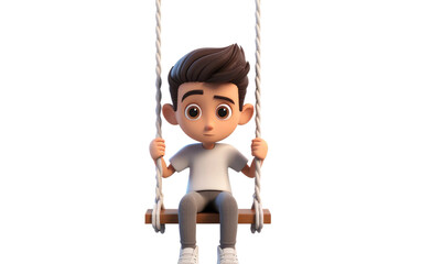 Cute Boy Sitting Alone on a Swing 3D Character Isolated on Transparent Background PNG.