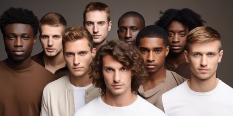 Fototapeta premium Multiracial men from the united states in a group, in the style of light white and dark amber. Success people Different races and religions