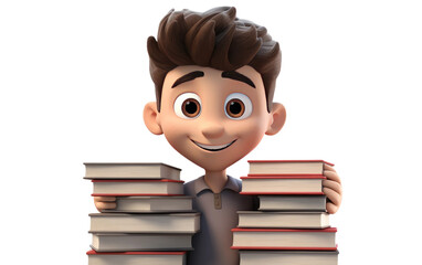 Splendid Boy with a Stack of Books 3D Character Isolated on Transparent Background PNG.