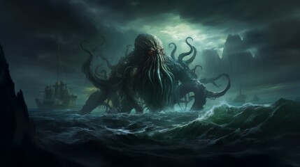 Mysterious monster Cthulhu in the sea, attack boat huge tentacles sticking out of the water, landscape - obrazy, fototapety, plakaty