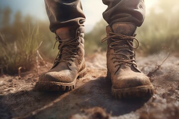 Leather dirty hiking boots. Old shoe foot walking mud. Generate Ai