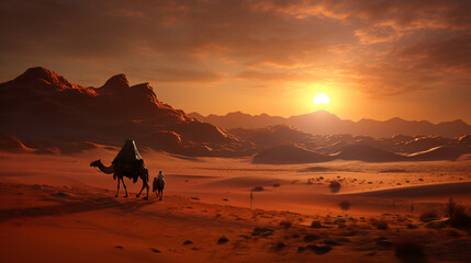 Fototapeta na wymiar A desert scene with a camel caravan
