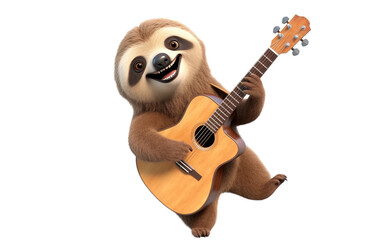 Brown Sloth Playing a Guitar in a Joyful Mood 3D Character Isolated on Transparent Background PNG.