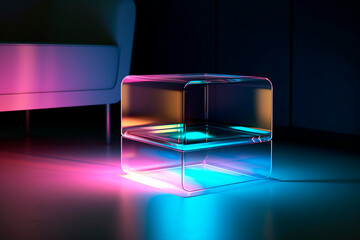 Modern designer furniture: a cube bedside table made of transparent material with neon lighting, placed on a black background.	 - obrazy, fototapety, plakaty