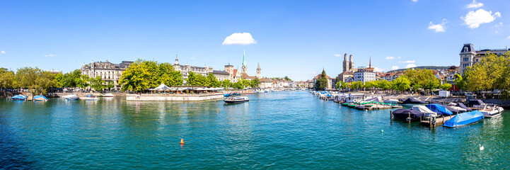 Zurich skyline city at Linth river panorama in Switzerland - obrazy, fototapety, plakaty