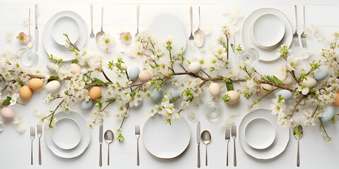 Easter place setting on white vintage table  Wedding table decoration with easters eggs and bloosm branch and white plates and spoons on white background Ai Generative