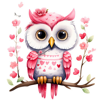 Watercolor Cute Kawaii Owl Valentine Clipart Illustration