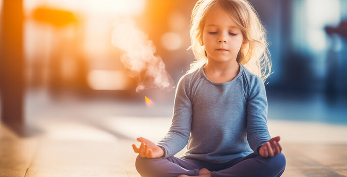 Child girl is practicing yoga. Little cute girl sitting on the roll mat practicing meditate yoga outdoor. Yoga at sunrise.