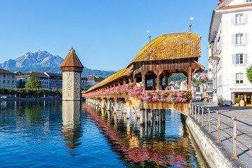 Lucerne city at Reuss river with Kapellbrücke and Pilatus mountain in Switzerland