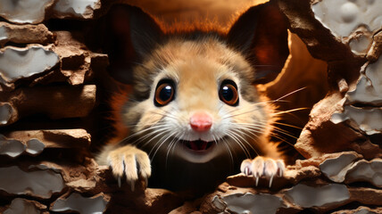 Cute mouse peeking out of a hole in the wall - obrazy, fototapety, plakaty
