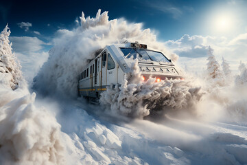 A modern high-speed train, an electric train, makes its way through snowdrifts. Snowfall and poor cleaning of streets and roads from snow in winter concept