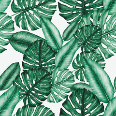 Watercolor seamless pattern with tropical leaves. Beautiful allover print with hand drawn exotic plants. Swimwear botanical design.	