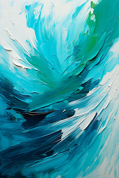 Green and blue brushstrokes of oil paint, abstract background. Art poster layout. Copy space.	