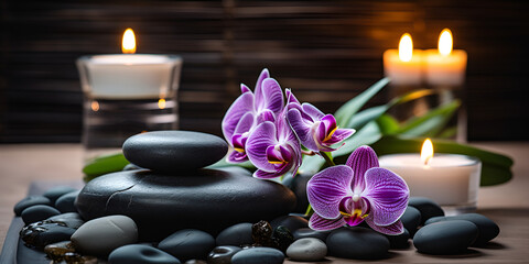Obraz na płótnie Canvas candles with a purple orchid on them A spa with a flower arrangement on top of rocks and candles Beautiful spa composition of blooming twig orange orchid flower with blured background Ai Generative