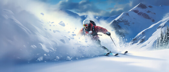 Naklejka na ściany i meble Professional Skier skiing and jump. Freeride on snowy mountain. Action, extreme sports leisure. Winter landscapes. Scenery background. Generative ai.